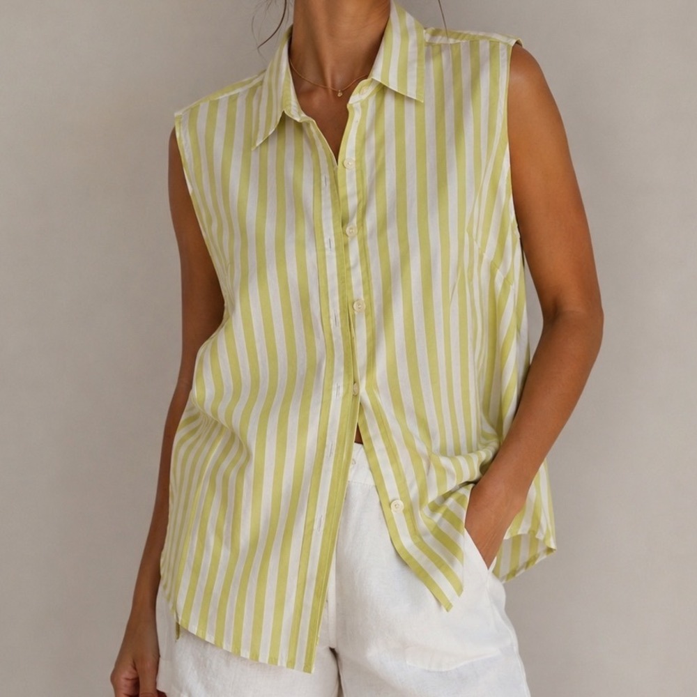 Banana Republic Yellow Stripe Sleeveless Non Iron Button Down Shirt Size 10 gf
